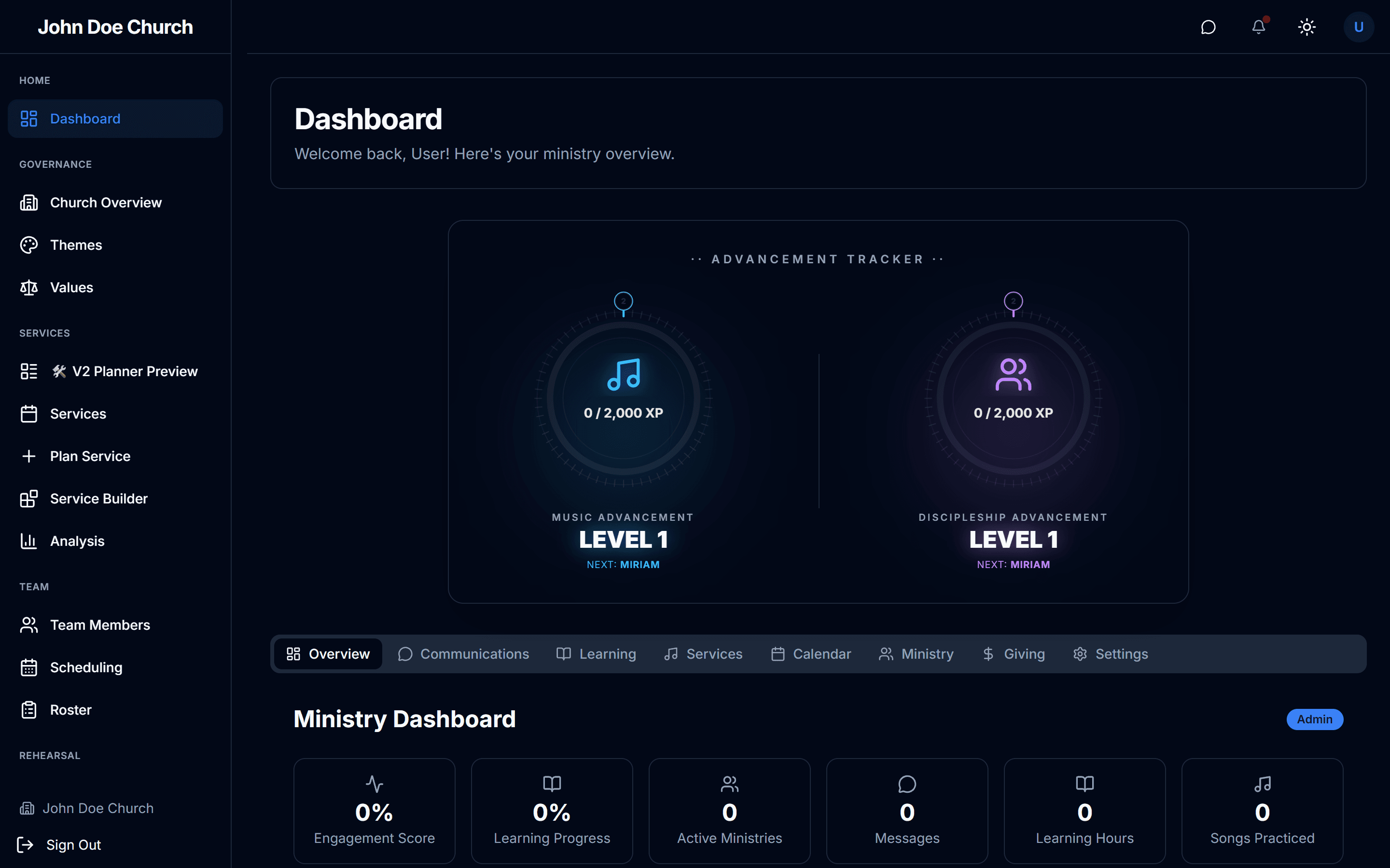 Ministry Motion dashboard — ministry overview, advancement tracking, and service planning